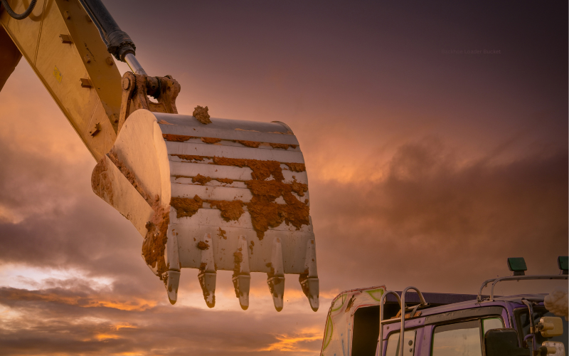 A backhoe loader bucket efficiently excavating soil at a busy construction site